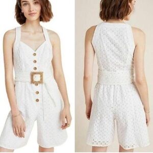 Anthropologie White Eyelet Fully Lined Belted Romper size 4